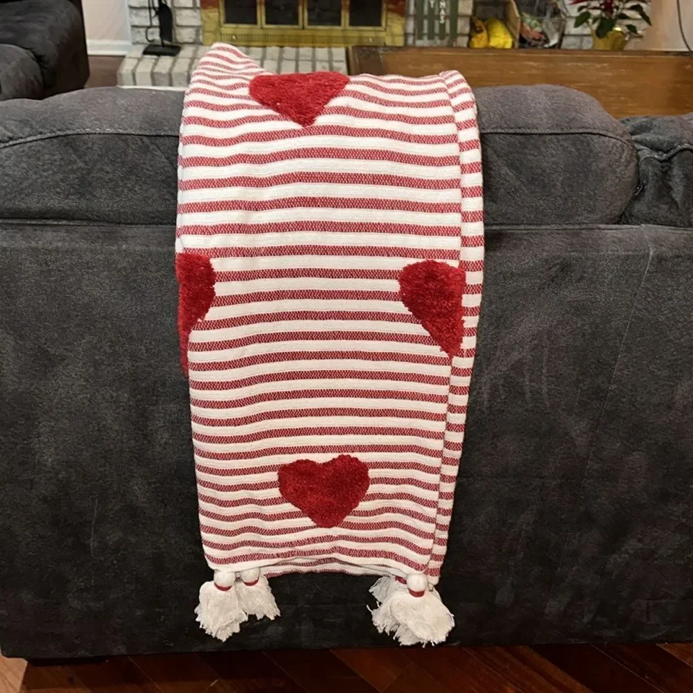 cupcakes and cashmere White Red Tufted Hearts Striped Tasseled Throw